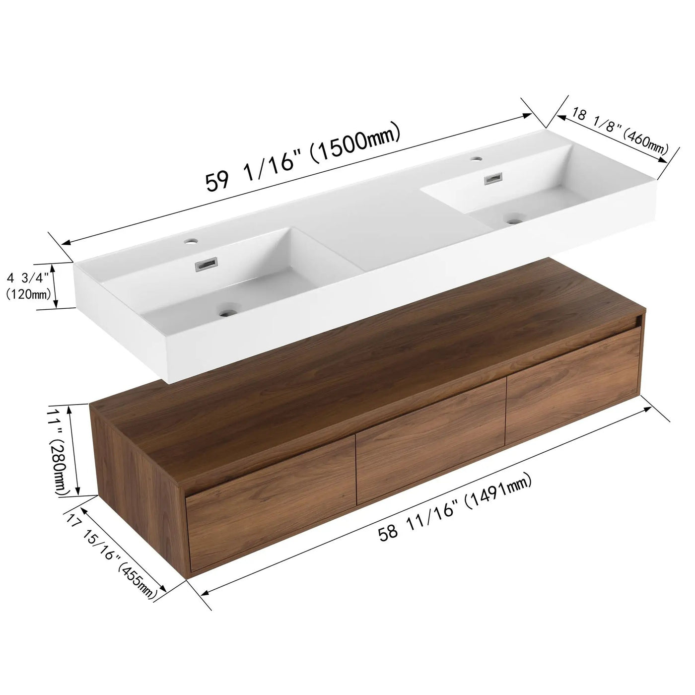 Contemporary Wall Mounted Bathroom Vanity With Dual Resin Sink And Soft Close Drawer by Unique Piece Furniture