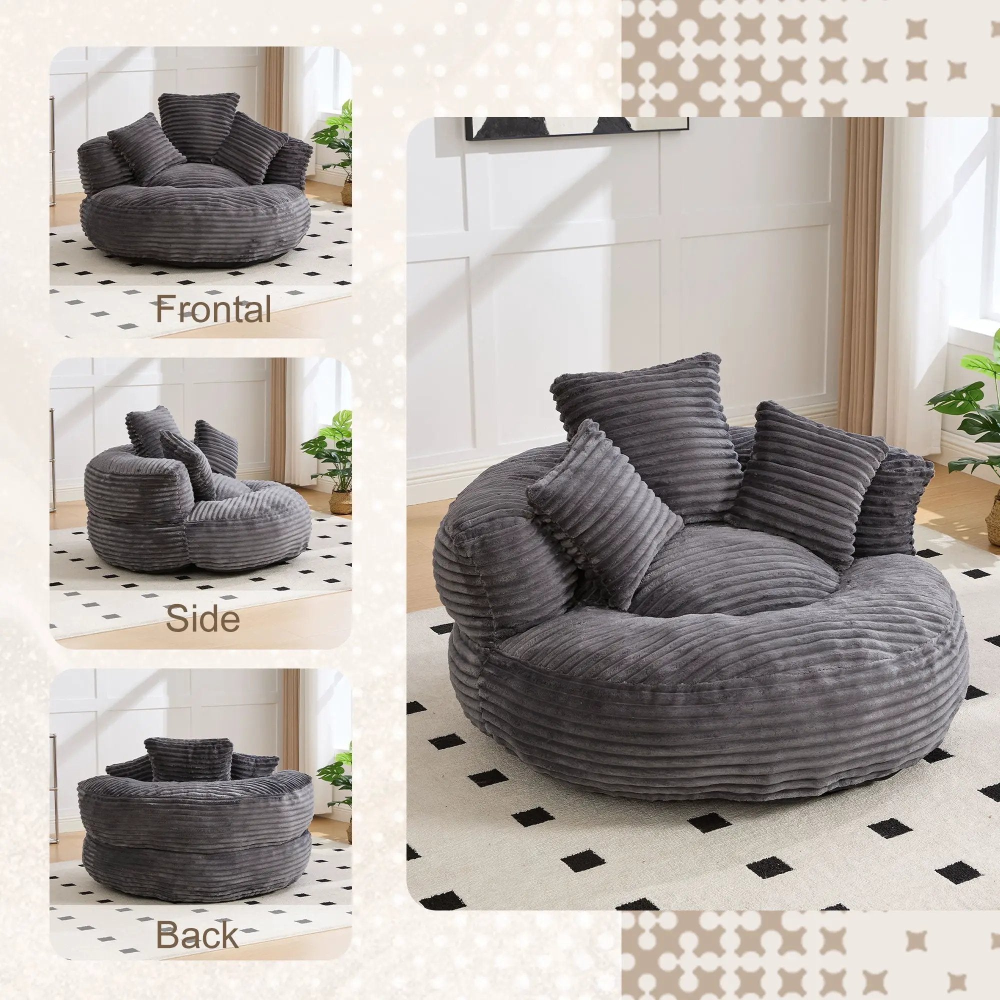 Oversized Bean Bag Chair With 3 Pillows & Armrest - Dark Gray by Unique Piece Furniture