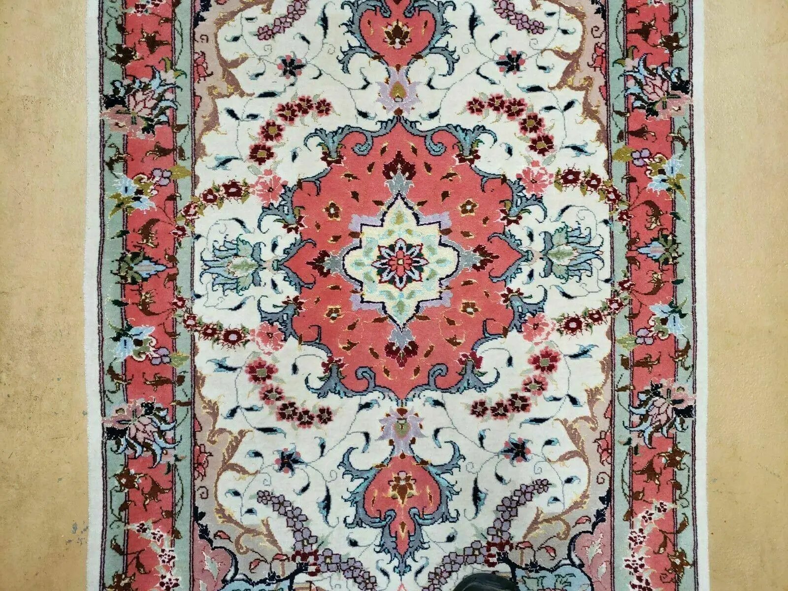 Small Vintage Persian Tabriz Wool and Silk Rug 2.5 x 4 ft, Very Finely Hand Knotted, Medallion, Ivory Salmon Light Blue, Top Quality, Pair B by Jewel Rugs