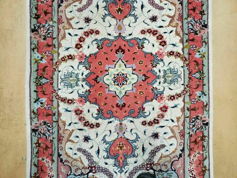 Small Vintage Persian Tabriz Wool and Silk Rug 2.5 x 4 ft, Very Finely Hand Knotted, Medallion, Ivory Salmon Light Blue, Top Quality, Pair B by Jewel Rugs