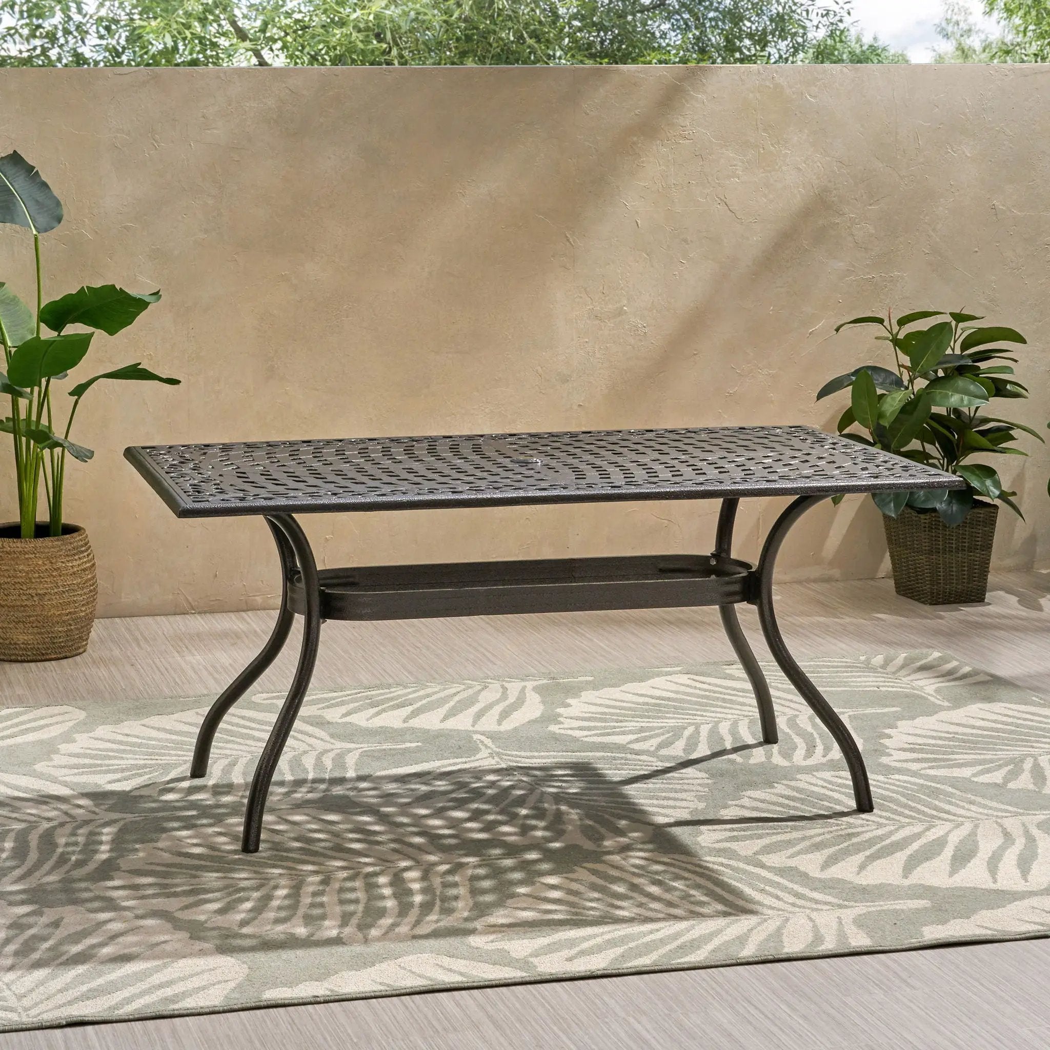 Celestine Outdoor Cast Aluminum Dining Table with Floral Lattice Design and Umbrella Holder by HouseOfZazla