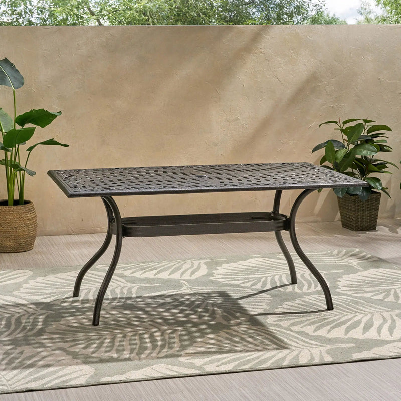 Celestine Outdoor Cast Aluminum Dining Table with Floral Lattice Design and Umbrella Holder by HouseOfZazla
