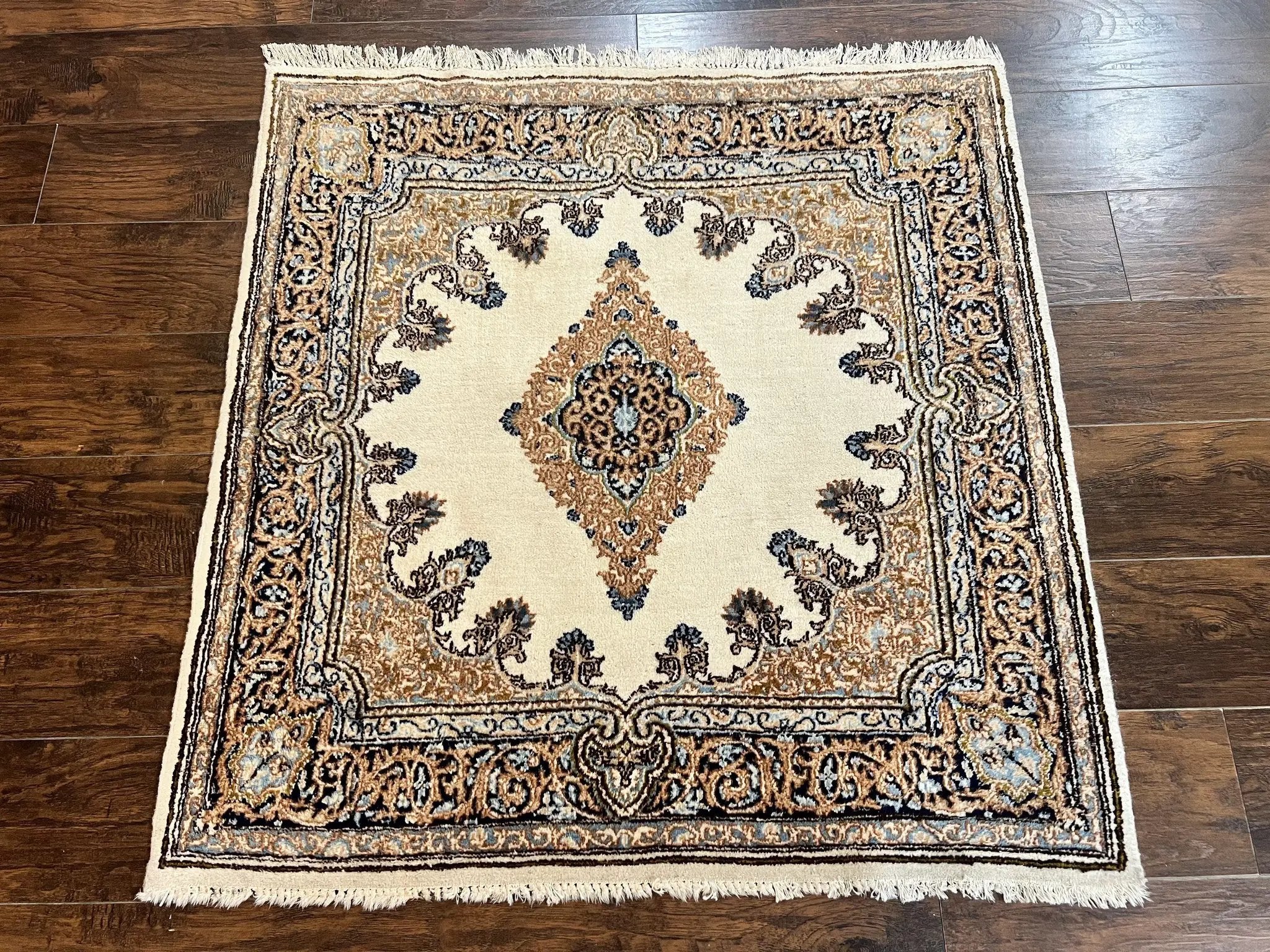 Square Persian Kirman Rug 4x4, Semi Open Field, Handmade by Jewel Rugs
