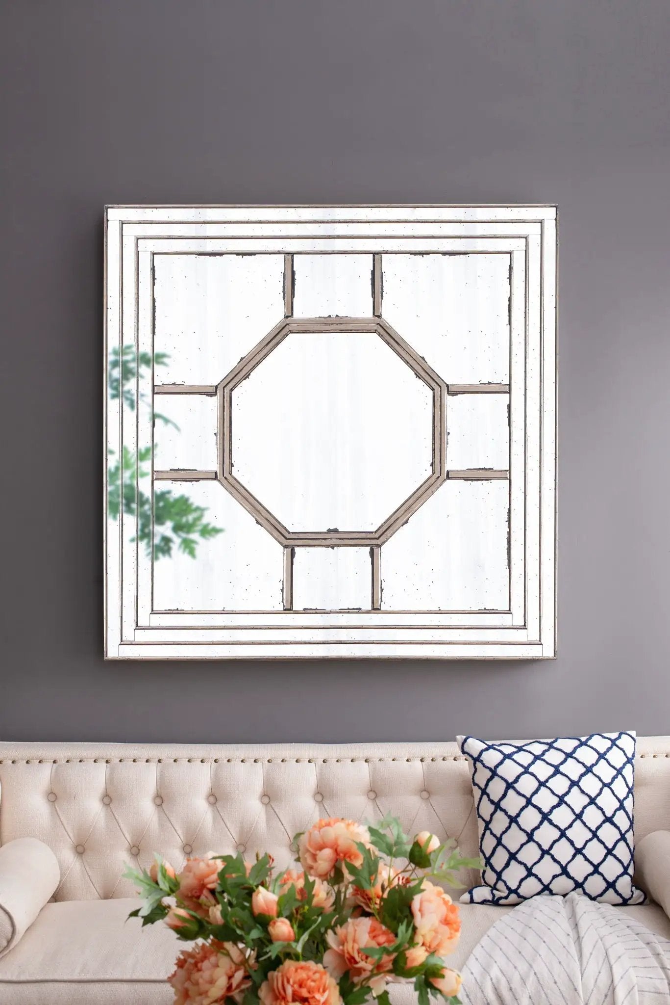 Antique Style Decorative Square Wall Mirror With Mirrored Frame, Wall Decor For Living Room Entryway, Console Lean Against Wall - Silver by Unique Piece Furniture