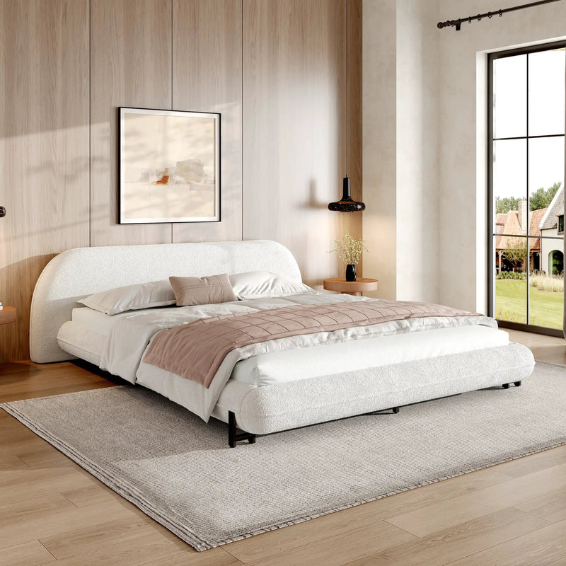Queen Size Upholstered Bed Frame with Boucle Fabric and Steel Legs by HouseOfZazla