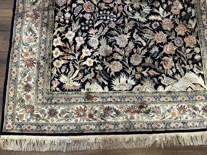 Silk Rug 4x6, Black and Cream, Floral & Bird Pictorials, Fine 330 KPSI, Sino Persian Rug by Jewel Rugs