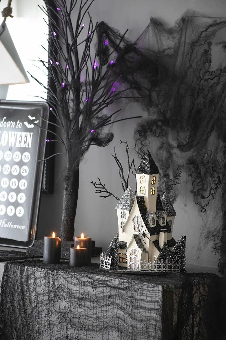 Cardboard Lighted Haunted House, Tabletop Holiday Halloween Decor, Battery Powered - Beige / Black by HouseOfZazla