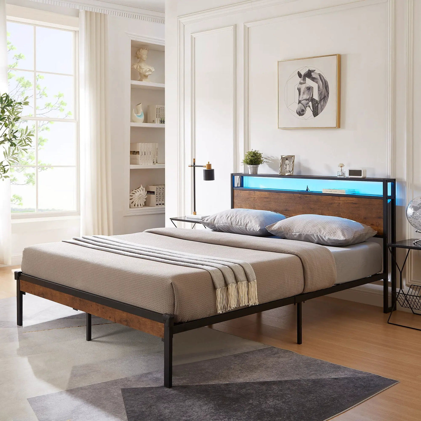 Metal Platform Bed Frame With Wooden Headboard And Footboard With USB Liner, LED Lights, No Box Spring Needed, Large Under Bed Storage by HouseOfZazla