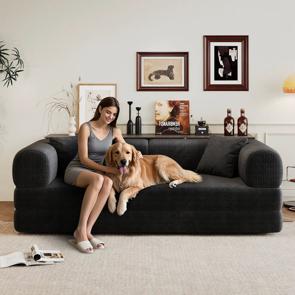 78.8' Compression Sofa,Convertible Floor Sofa Bed-with Pillow Back Support Armrest,Comfy Futon Couch Sleeper Bed,Loveseats Boneless Modular Sectional Sofa,Corduroy fabric,for Living Room,Bedroom,Black, photo 2 of 23