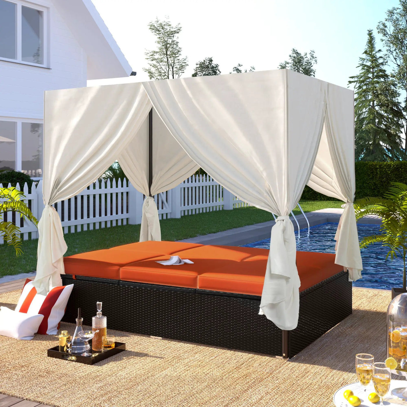 U_STYLE Outdoor Double Chaise Lounge Daybed with Curtains by HouseOfZazla