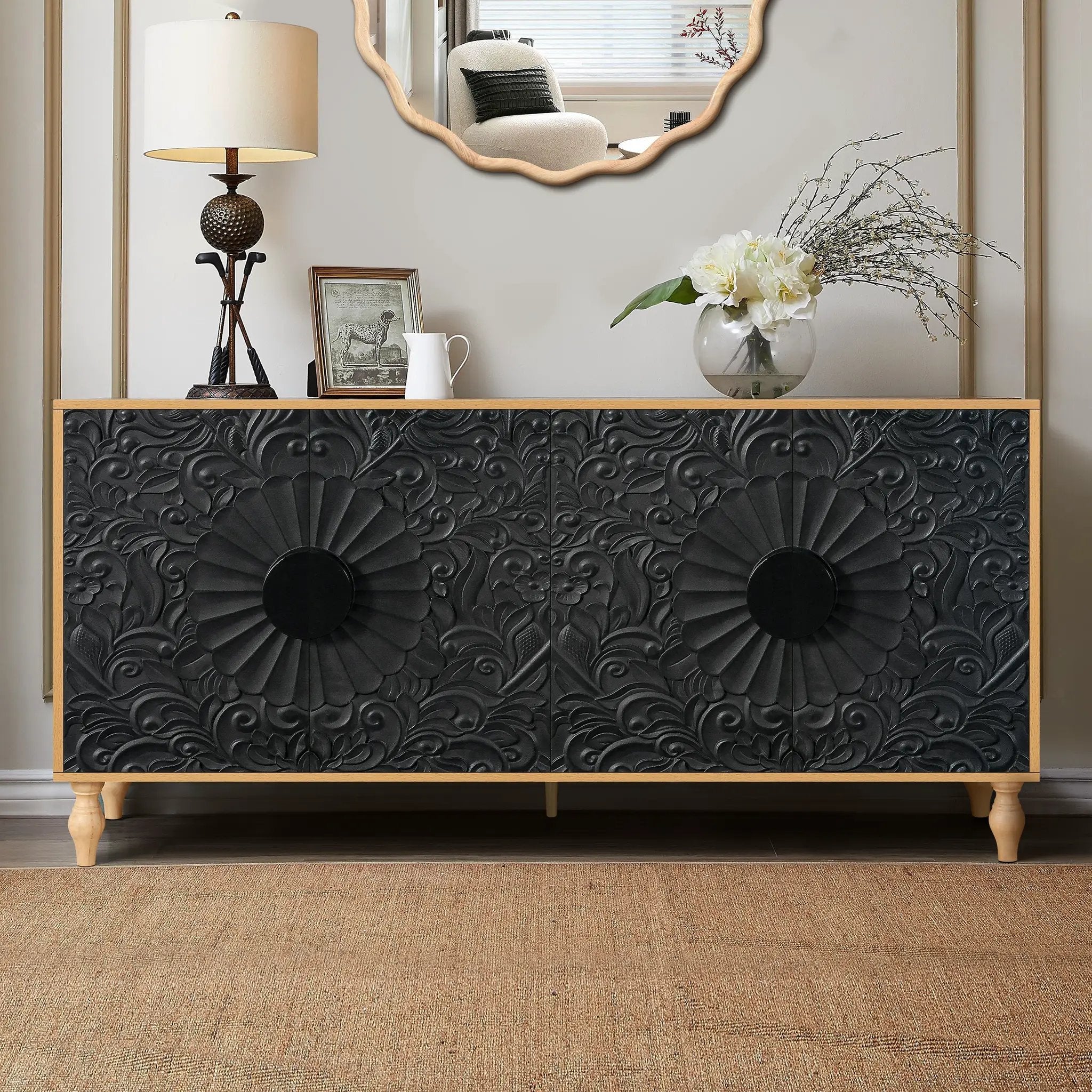 Black Carved Symmetrical Design Door And Wood Coloured Frame TV Stand by HouseOfZazla