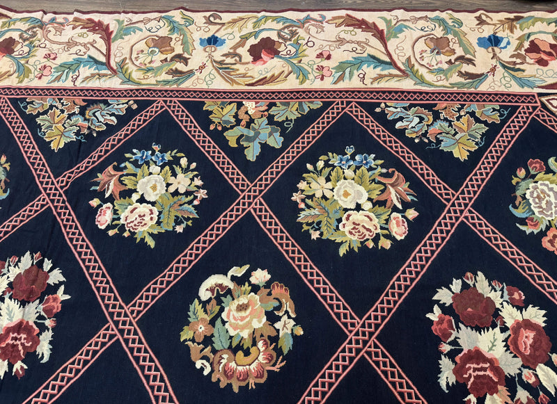 Palace Size Needlepoint Rug 12x20, European French English Aubusson Floral Design, Black and Beige by Jewel Rugs