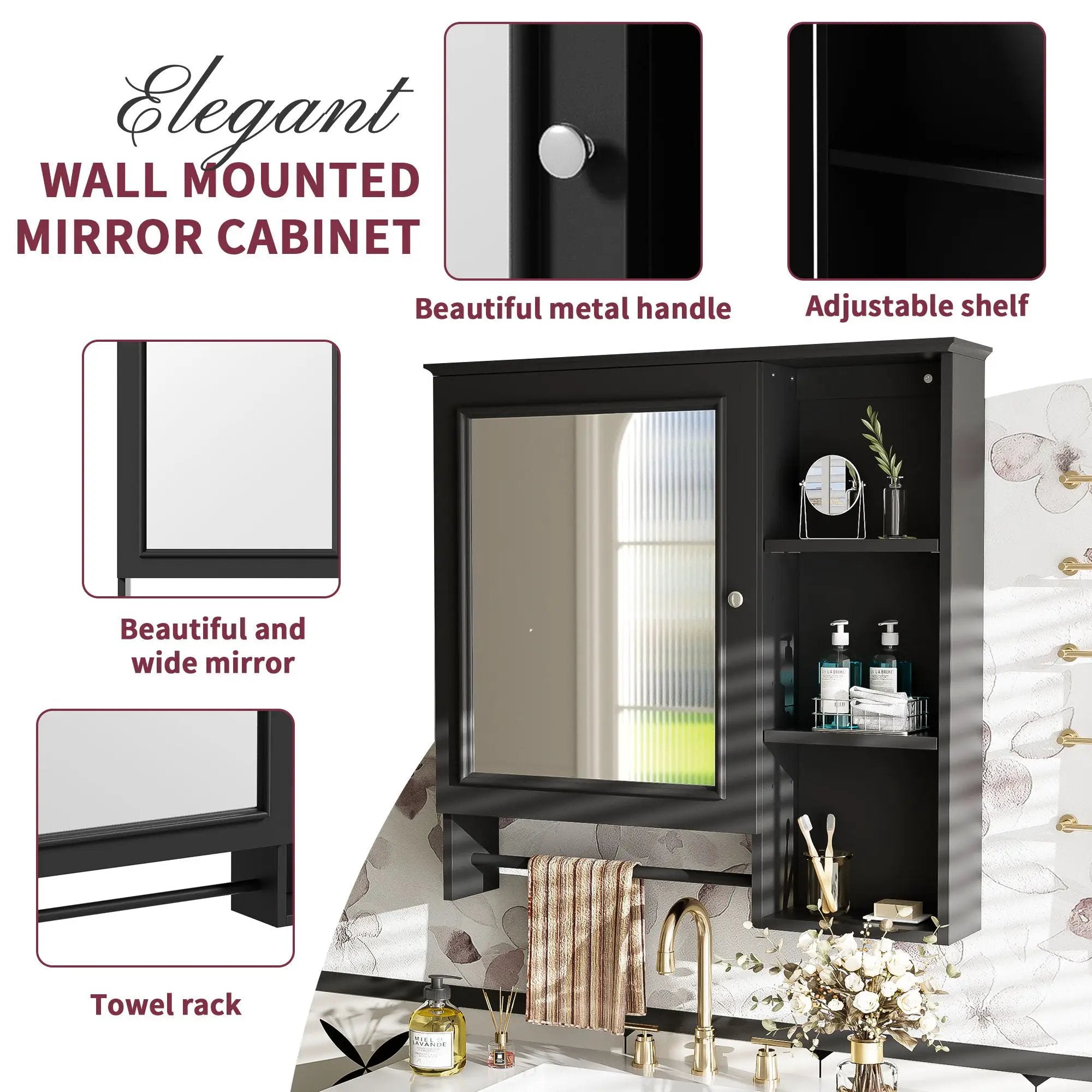 Wall Mounted Bathroom Storage Cabinet, Medicine Cabinets With Large Mirror Door, Adjustable Shelves And Three Open Storage Levels(Not Include Bathroom Vanity) by Unique Piece Furniture