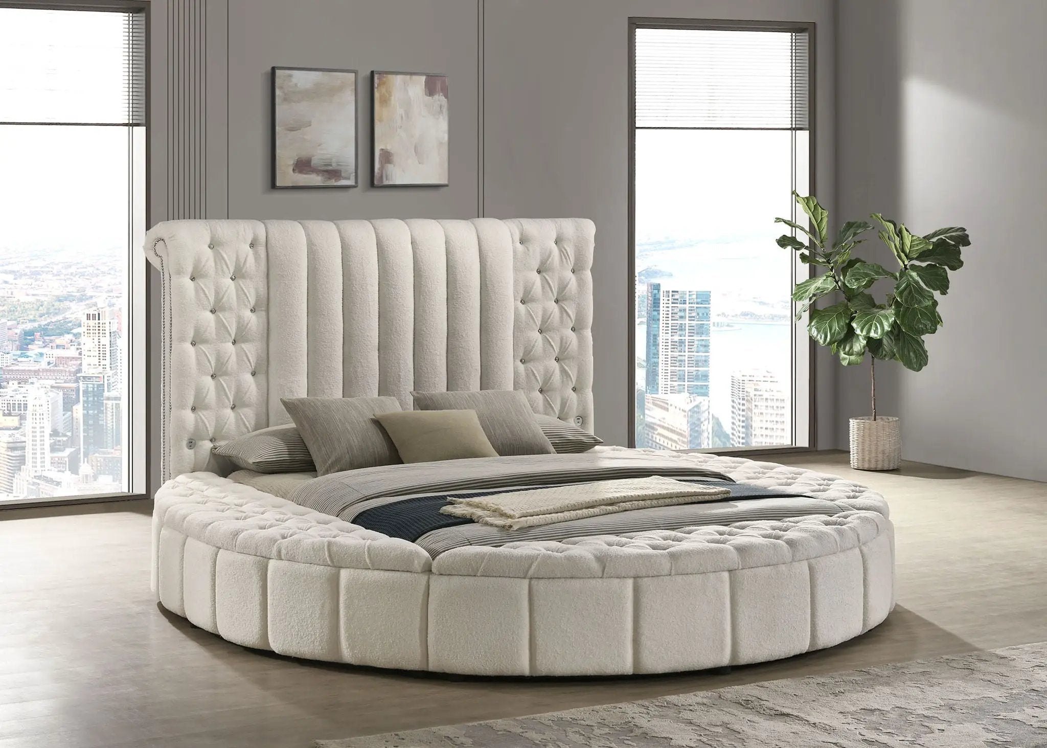 Sonya Upholstered Queen Round Storage Bed Ivory by Unique Piece Furniture