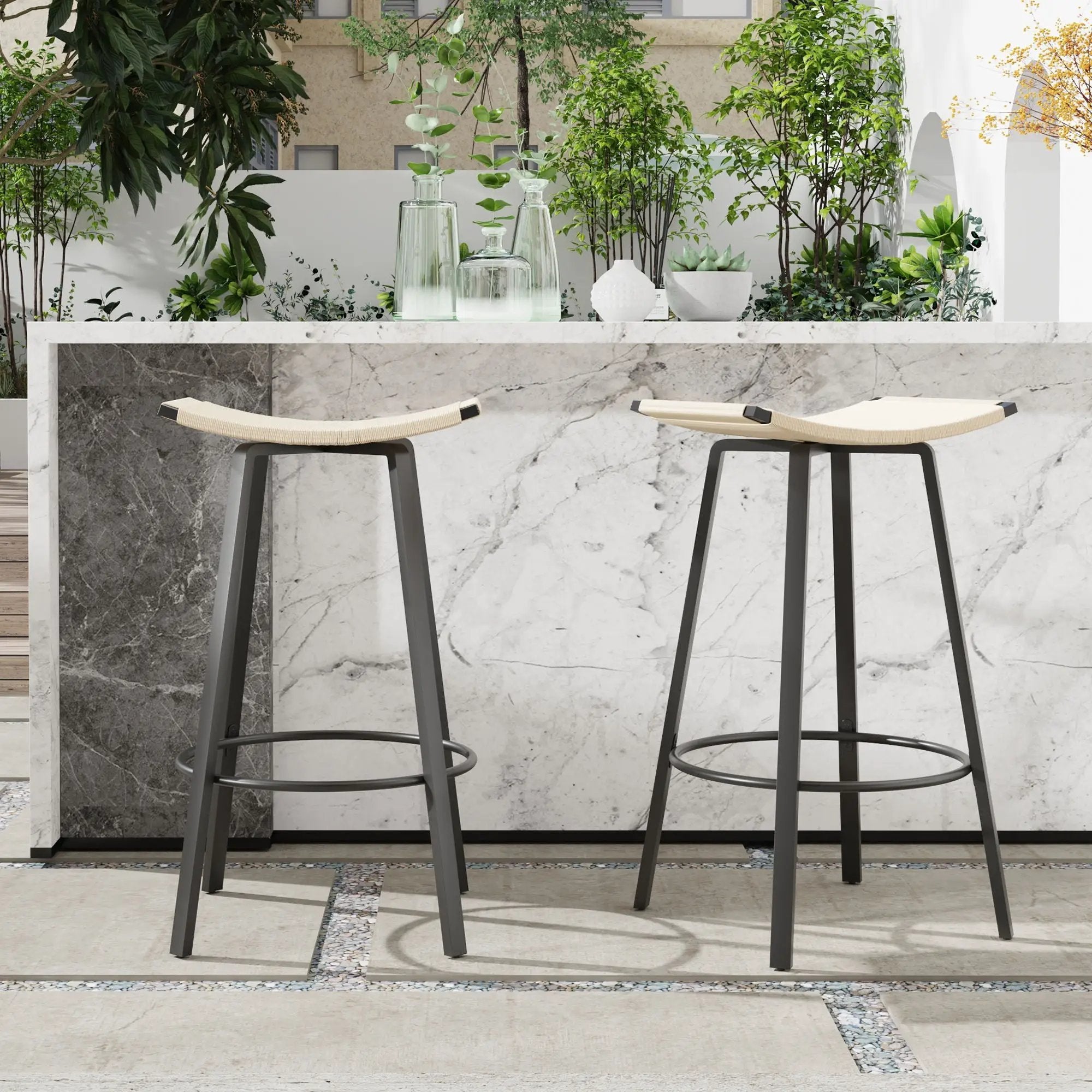 Counter Height Bar Stools Backless Handwoven Kitchen Dining Chairs With Round Footrest (Set of 2) Weaving Pub Stoo - Creamy White by Unique Piece Furniture