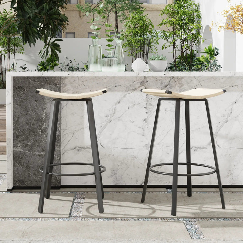 Counter Height Bar Stools Backless Handwoven Kitchen Dining Chairs With Round Footrest (Set of 2) Weaving Pub Stoo - Creamy White by Unique Piece Furniture