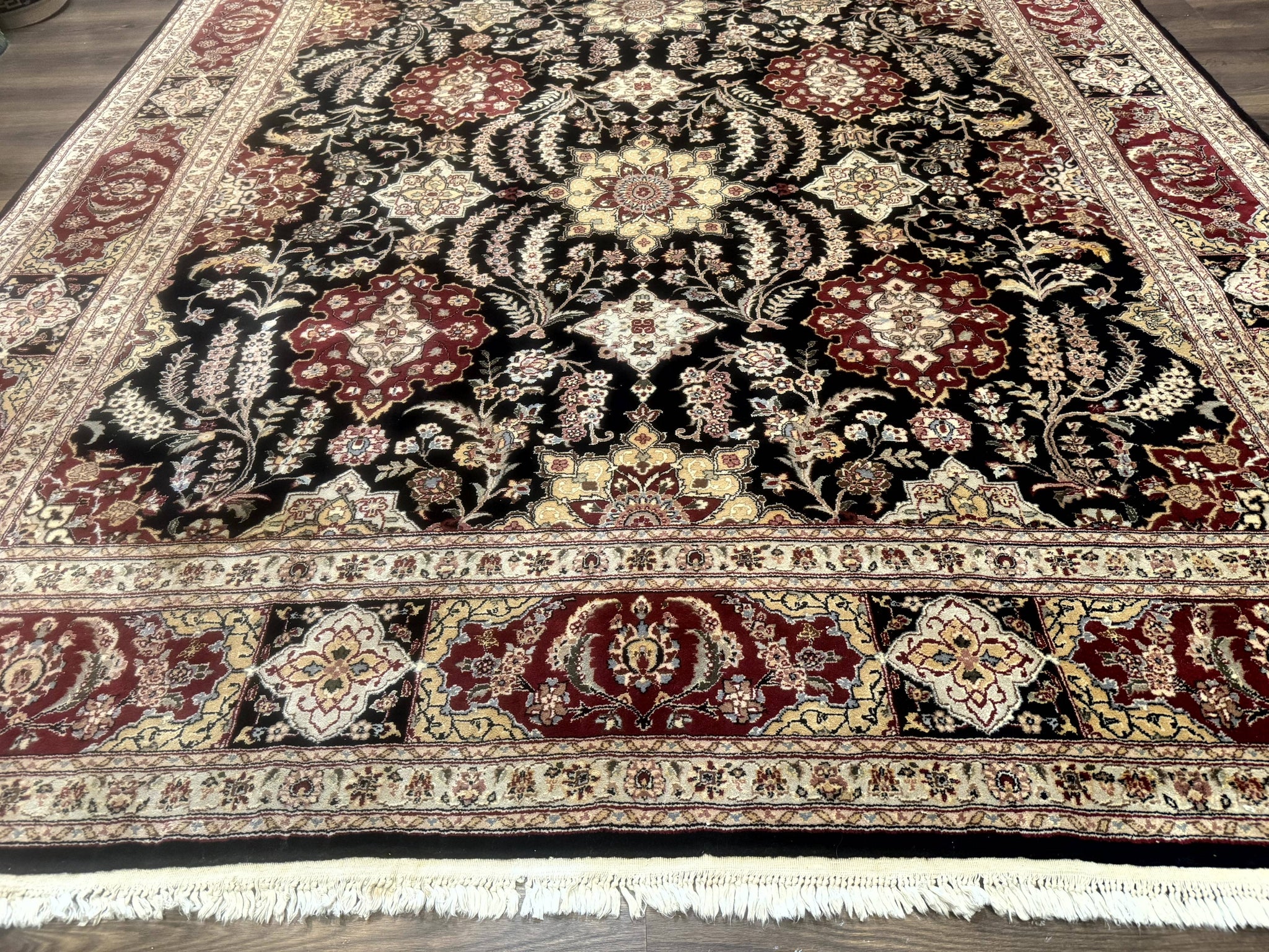 Sino Persian Rug 9x12, Black & Maroon, Wool and Silk, Allover Pattern by Jewel Rugs