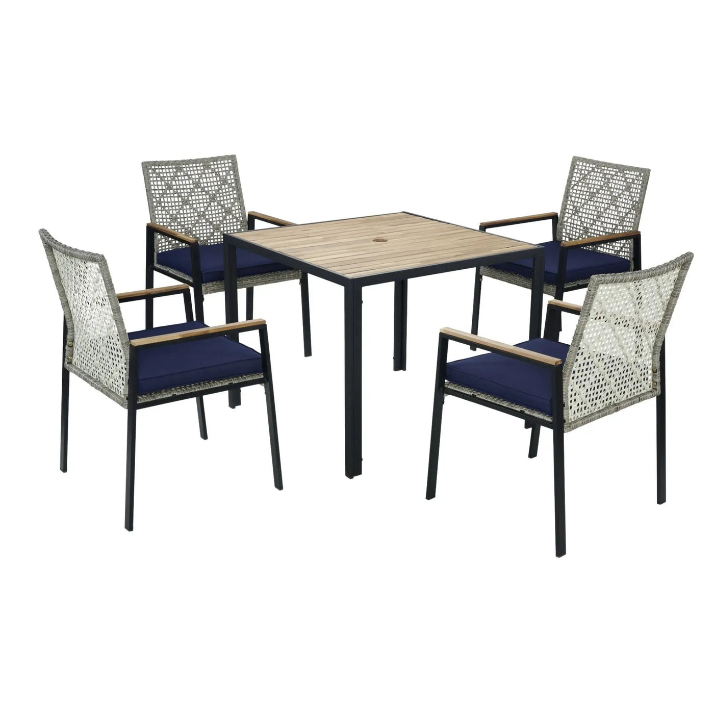 5 Piece Patio Dining Table Set, Acacia Wood Table Top With Umbrella Hole by HouseOfZazla