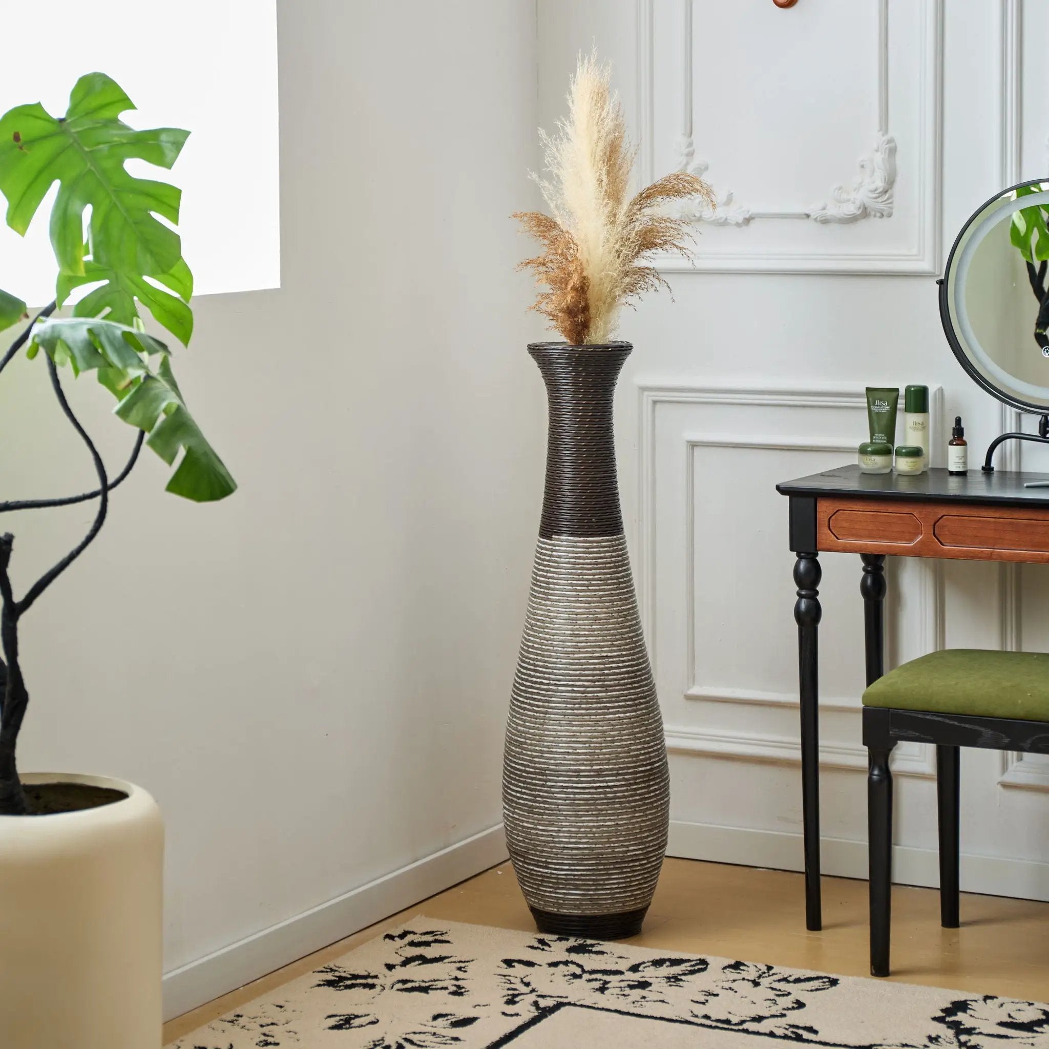 Tall Standing Designer Floor Vase Durable Artificial Rattan Elegant 2 Tone Finish Ideal Decor Accent For Living Room, Bedroom, Entryway Stylish Home Decor Statement Piece - Black / Gray by Unique Piece Furniture