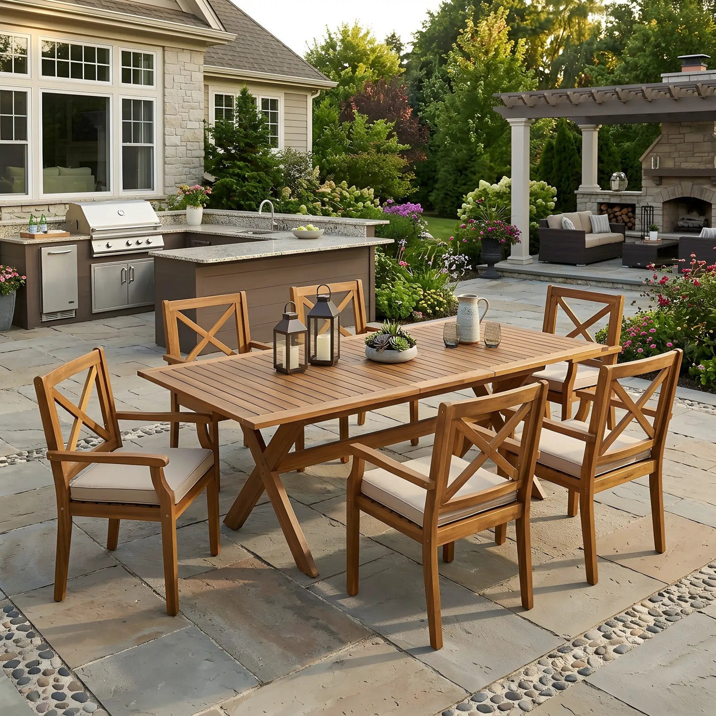 7 Pieces Acacia Wood Outdoor Dining Set by HouseOfZazla