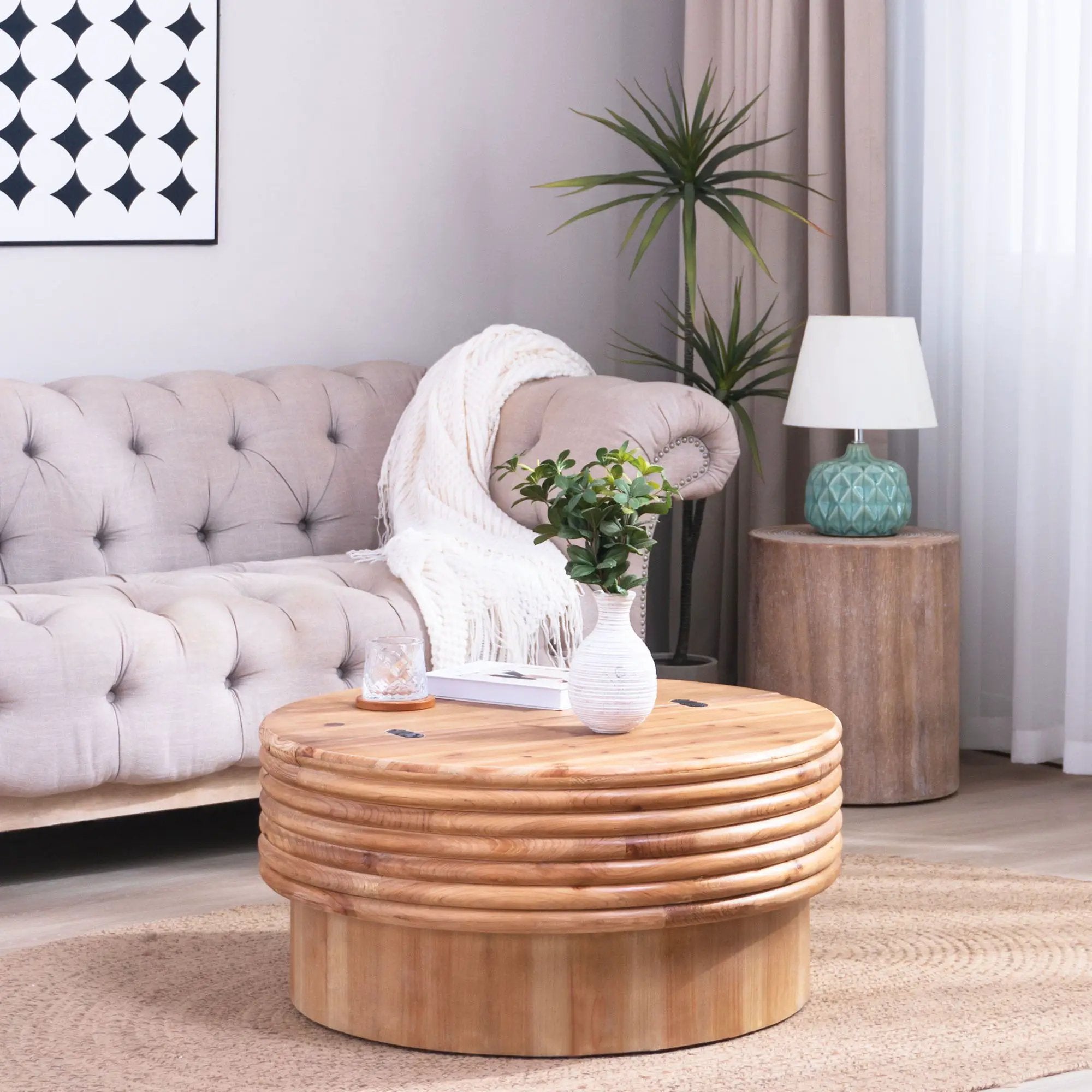 Round Wooden Coffee Table With Hidden Storage, Modern Rustic Centerpiece For Living Room - Multi / Natural / Rustic by Unique Piece Furniture