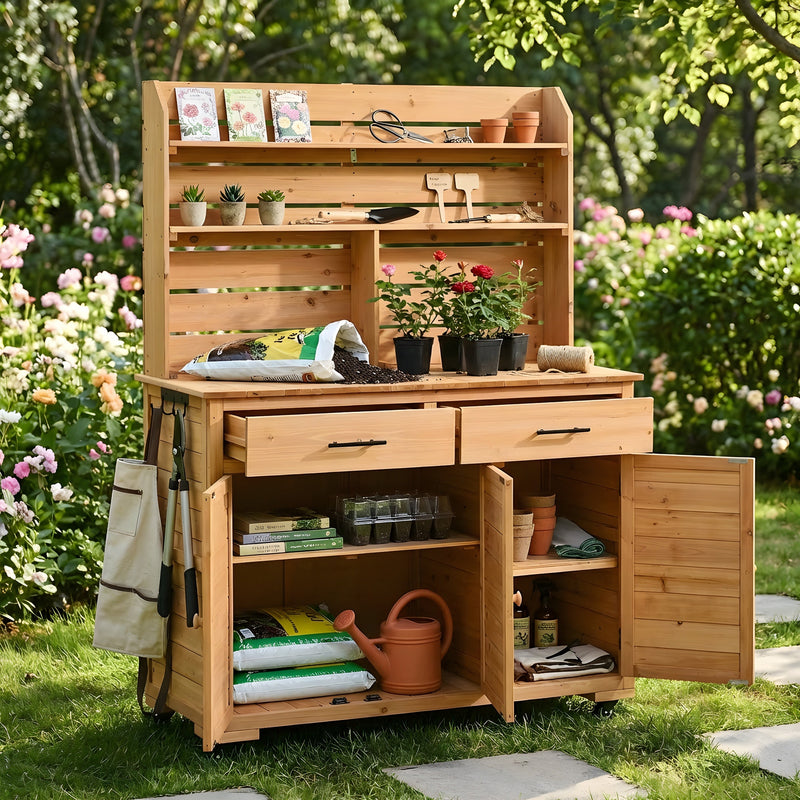 TOPMAX 65''H Large Garden Potting Bench with Lockable Wheels and Storage Cabinet by HouseOfZazla