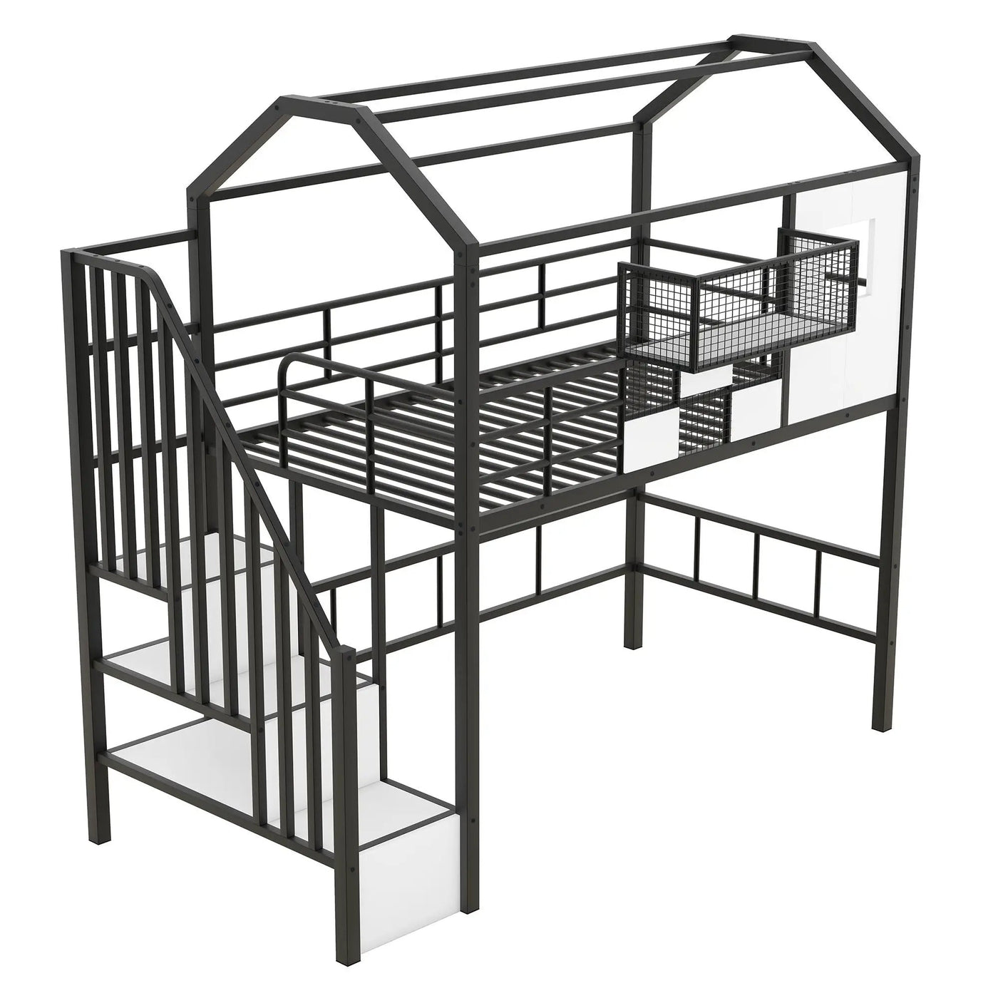 Metal Loft Bed With Roof Design And Storage Box With Guardrails And Integrated Ladder by HouseOfZazla