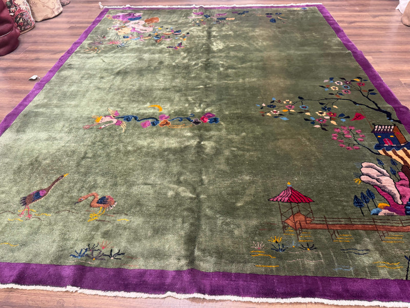 Antique Chinese Nichols Rug 9x12 - Rare Green and Purple Art Deco Carpet by Jewel Rugs