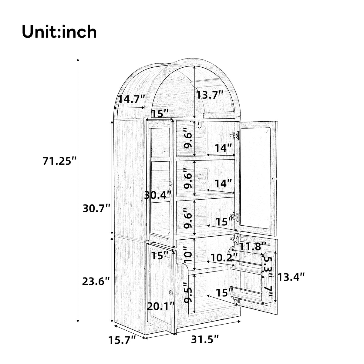 Tall Arched Top Storage Cabinet with Tempered Glass Doors - Natural or White, photo 5 of 10
