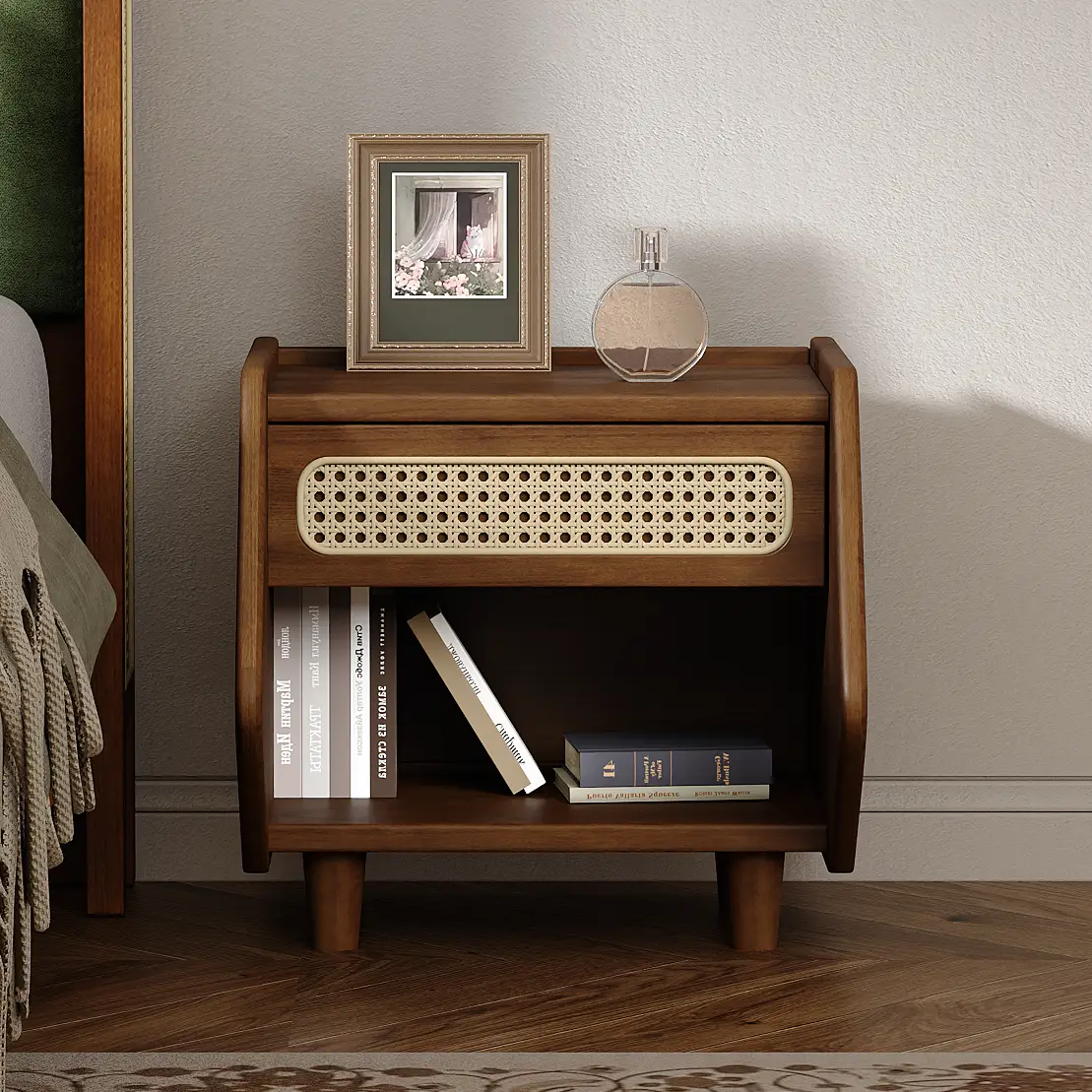 Walnut Nightstand with Rattan Detail, MDF + Solid Wood by HouseOfZazla