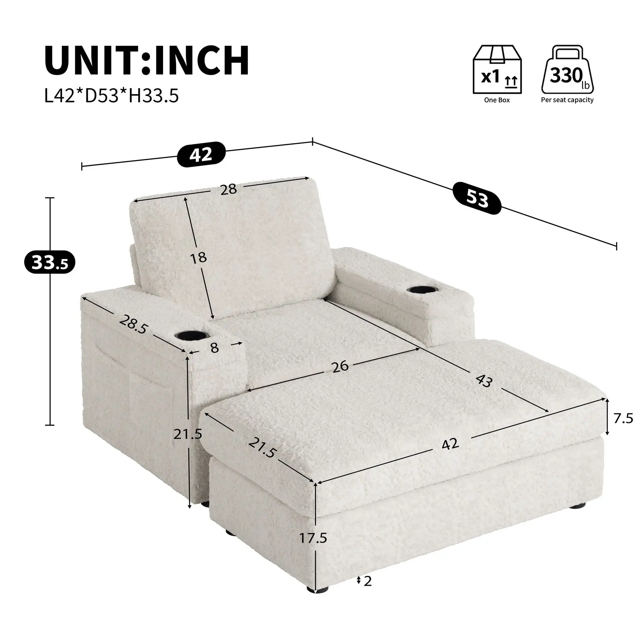 Oversized Chaise Lounge Indoor Rabbit Fur Sofa Bed With Storage Ottoman And Armrests Cup Holders With Deep Seat by Unique Piece Furniture