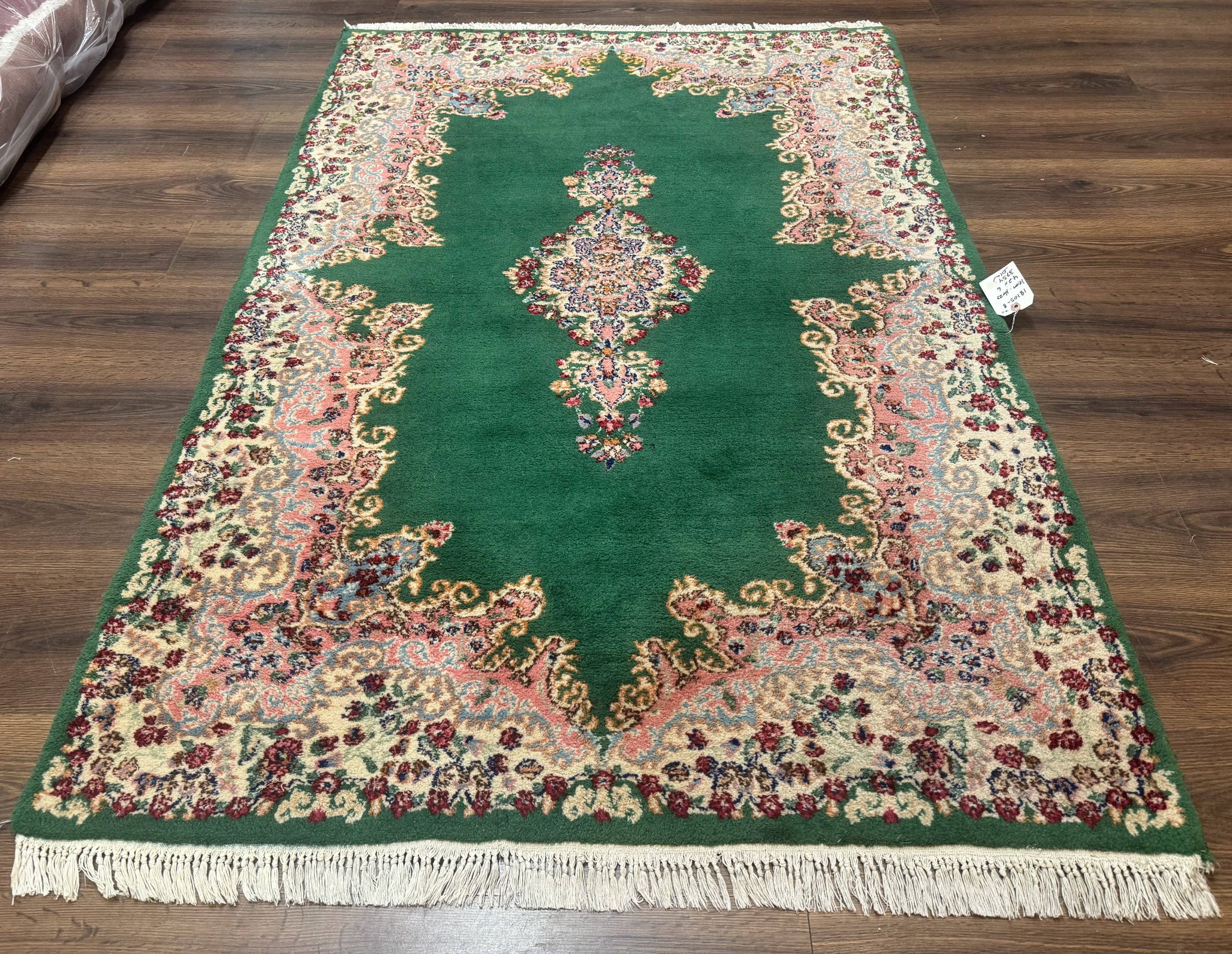Green Persian Kerman Rug 4x6, Semi Open Field, Green & Cream, Vintage by Jewel Rugs