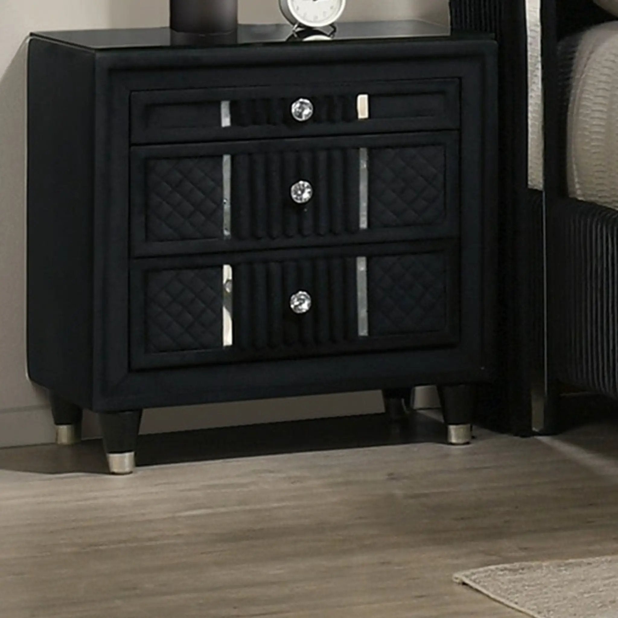 1 Piece Nightstand Upholstery Textured Look Luxurious Feel Drawer Fronts Crystal Style Knobs - Black by Unique Piece Furniture
