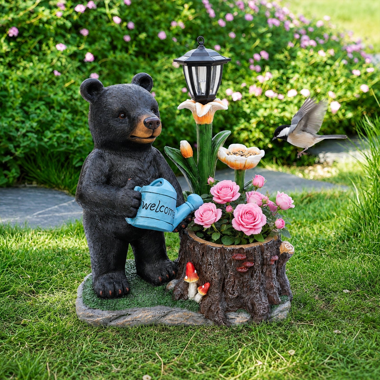 Standing Black Bear Garden Planter with Decorative Solar Lantern by HouseOfZazla