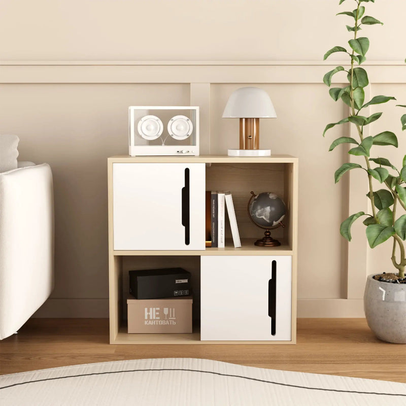 Storage Cabinet With Sliding Doors, 2 Tier Open And Closed Shelves Organizer - Natural / White by HouseOfZazla