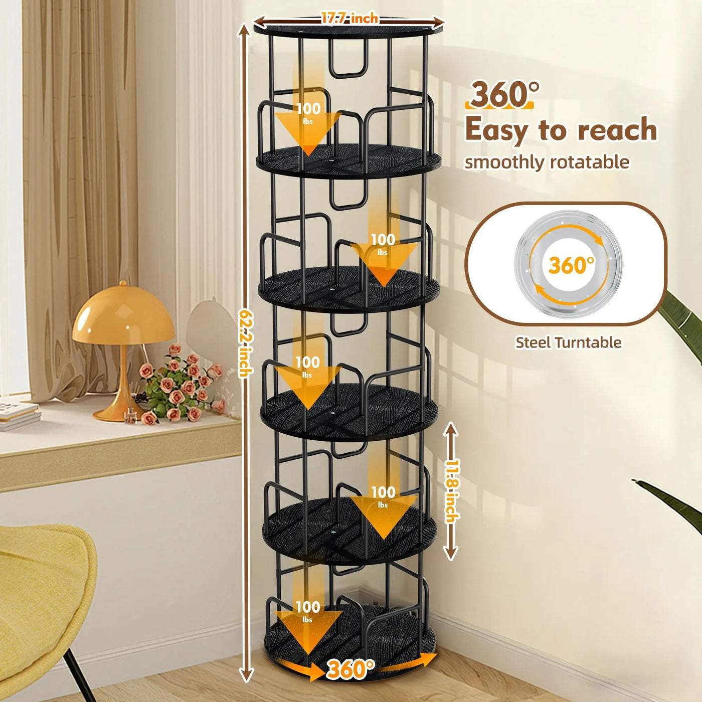 Rotating Bookshelf Tower 5 Tier Spinning 360 Degree Revolving Storage Shelf by Unique Piece Furniture