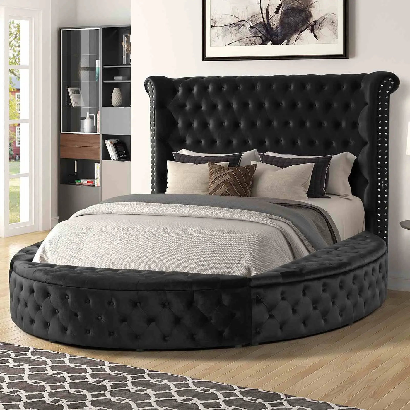 Glam Button Tufted Wingback Round Bed With Storage And USB Ports by HouseOfZazla