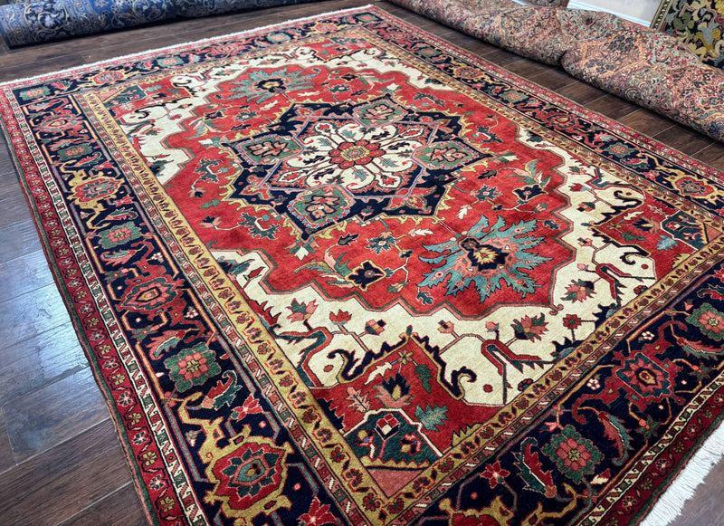 Persian Heriz Serapi Rug 8 x 10.6, Geometric Medallion, Great Colors, Rare, Red Navy Blue Ivory by Jewel Rugs