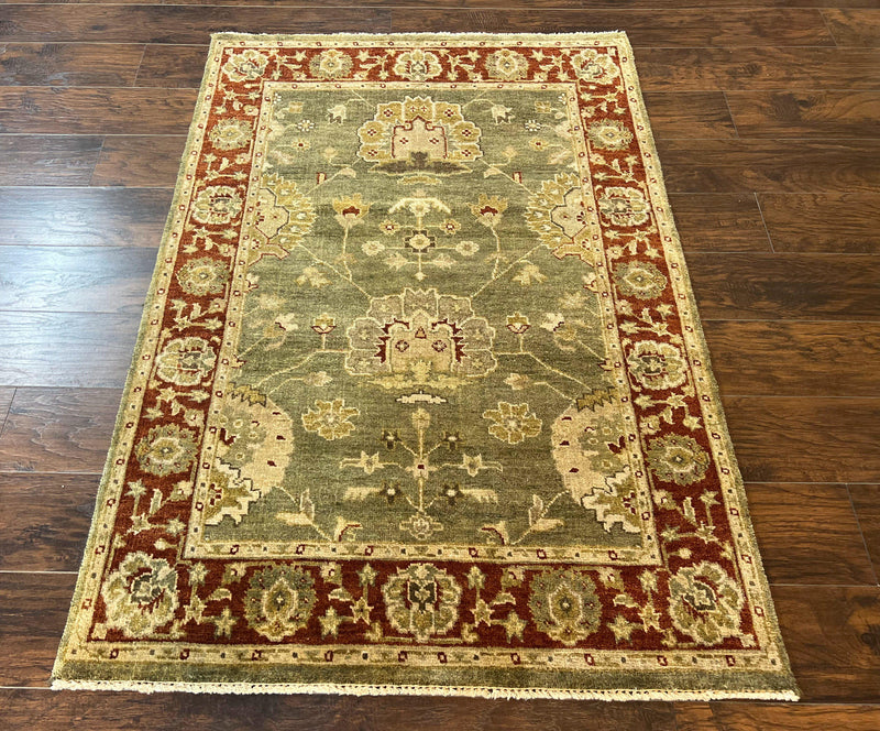 Indo Oushak Rug 4x6, Green and Maroon, Vintage Wool Floral Rug, Indian Agra Rug by Jewel Rugs