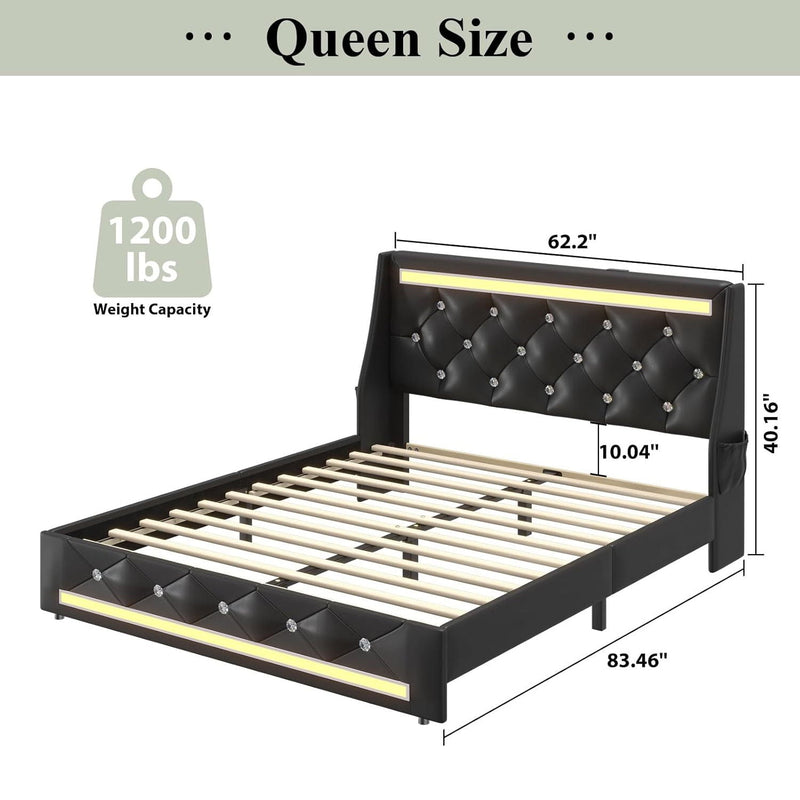 Wingback Upholstered Bed Frame With LED Lights, Charging Station by HouseOfZazla