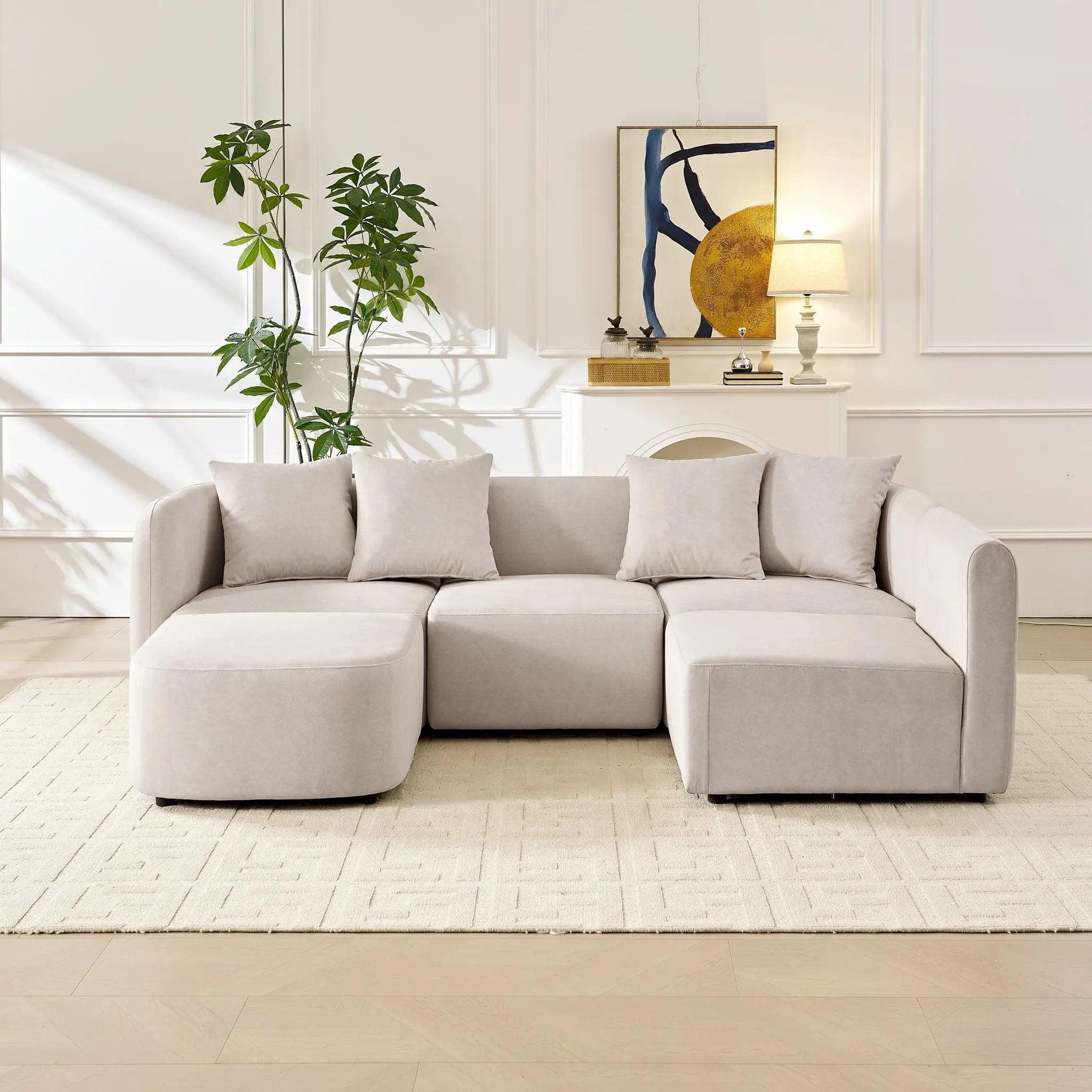 L-Shaped Modular Sectional Sofa With Ottoman, Living Room Furniture Set - Beige by HouseOfZazla
