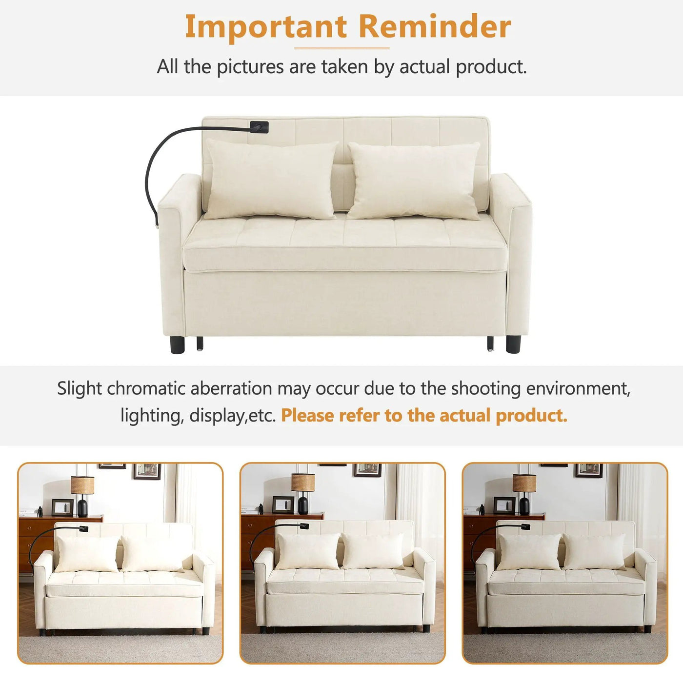 Pull-Out Sleeper Sofa With Reversible Backrest Cushion, Side Pockets, 2 USB Ports And A Phone Holder For Living Room by HouseOfZazla