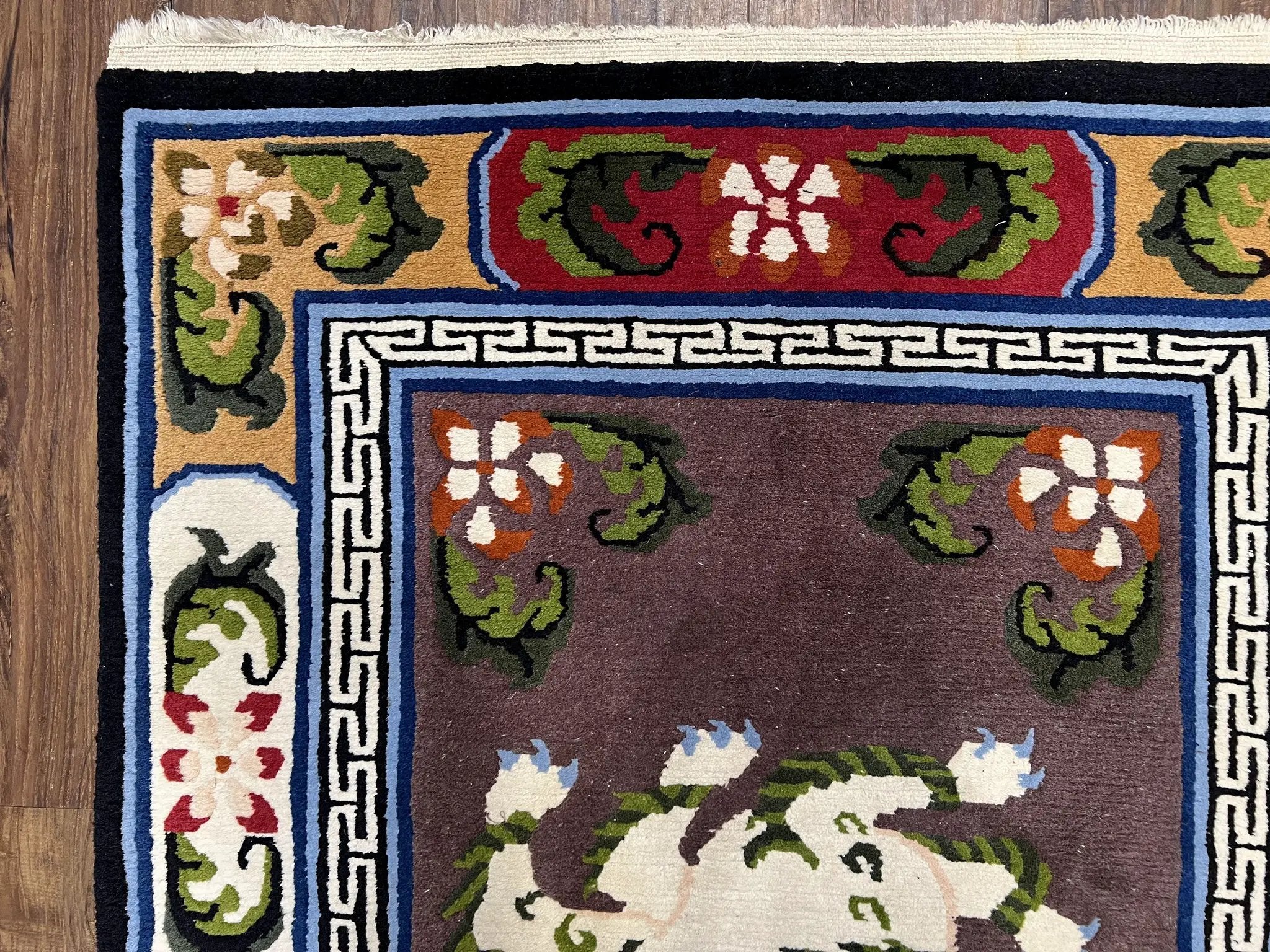 Chinese Art Deco Rug 3 x 5.5 with Animal Pictorials, Vintage Chinese Peking Wool Area Rug, Dark Puce Maroon Ivory, Hand Knotted Soft Carpet by Jewel Rugs