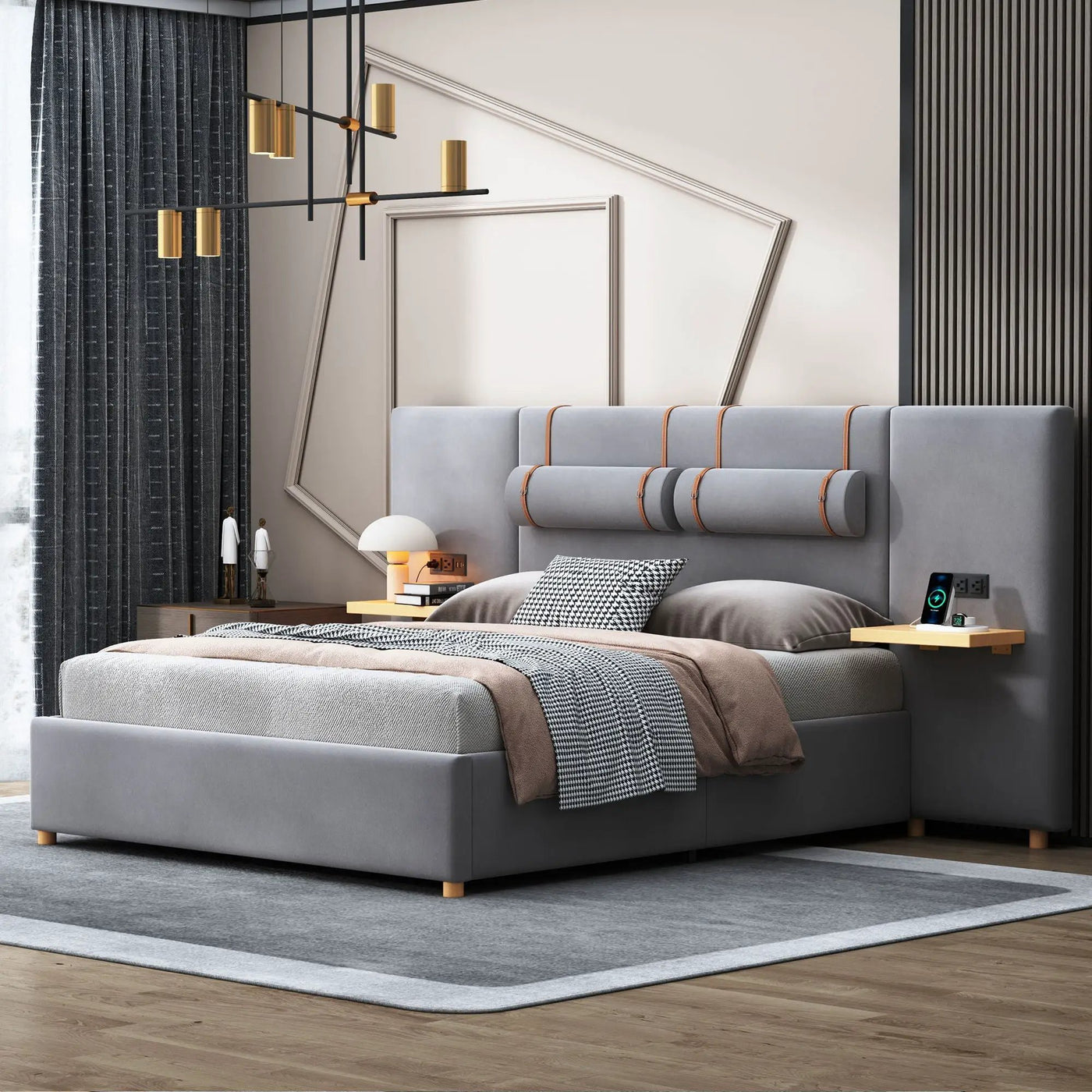 Upholstered Platform Bed, 2 Outlets And USB Charging Ports On Both Sides, 2 Bedside Pillows, Storage Shelves by Unique Piece Furniture
