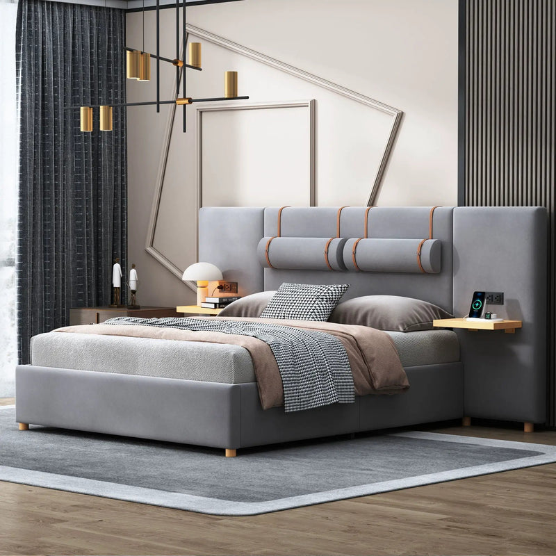 Upholstered Platform Bed, 2 Outlets And USB Charging Ports On Both Sides, 2 Bedside Pillows, Storage Shelves by HouseOfZazla
