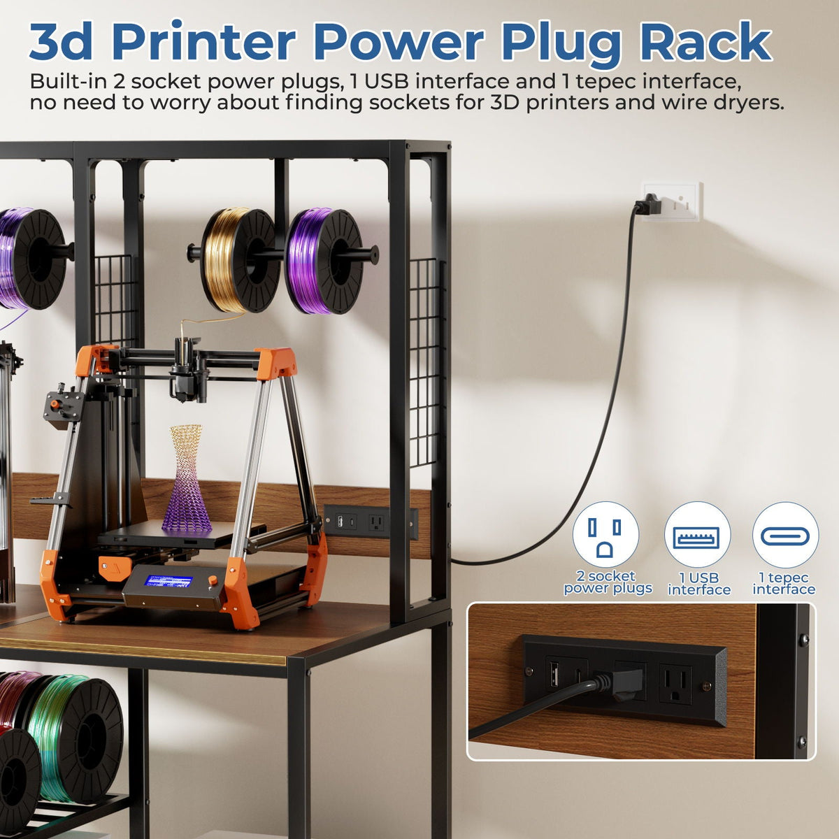 Double 3D Printer Stand with Filament Storage and Lockable Wheels - Black, photo 4 of 10