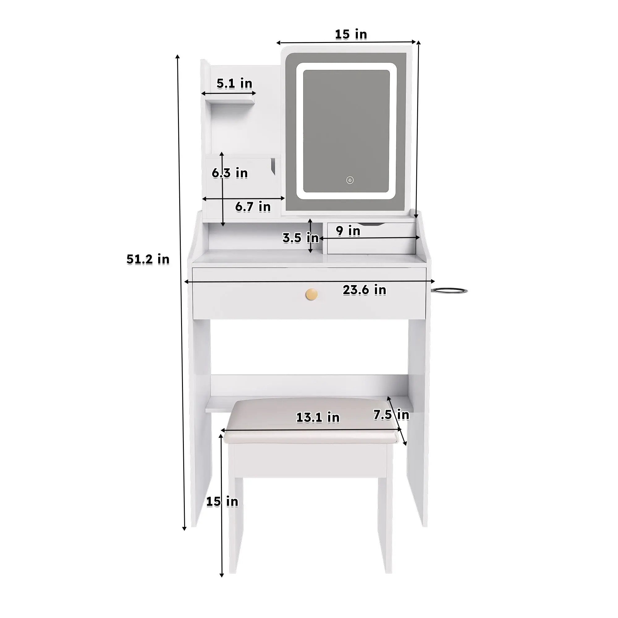 3 Color LED Vanity Mirror With Stool, Dressing Table For Bedroom, 2 Drawers & 5 Storage Cabinets (4 Open + 1 Hidden), Adjustable Lighting - White by HouseOfZazla