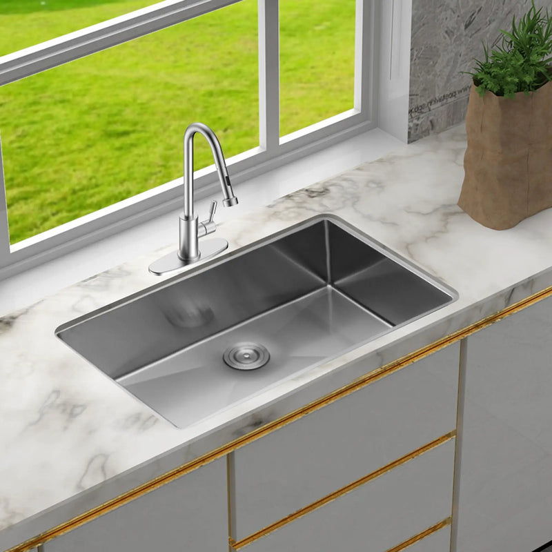 28" Undermount Kitchen Sink With, 10" Deep, Single Bowl, Rounded Corners - Brushed Nickel by HouseOfZazla