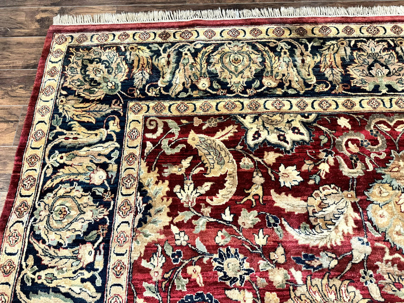 Indo Persian Rug 10x14, Indian Agra Carpet, Vintage Handmade Wool Large Traditional Rug, Dark Red Navy Blue Beige by Jewel Rugs