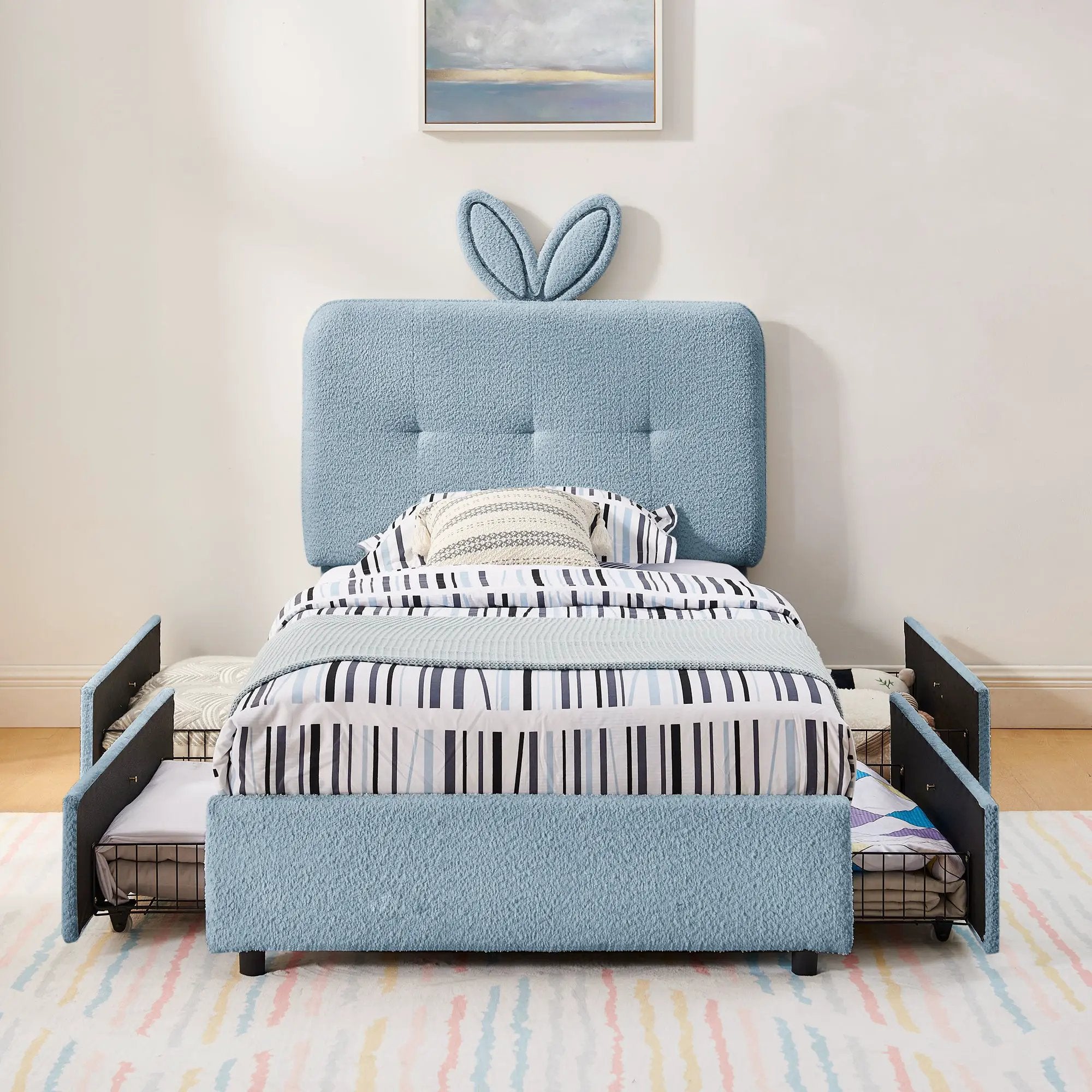 Twin Size Kids Upholstered Bed with Oversized Rabbit Ear Headboard by HouseOfZazla